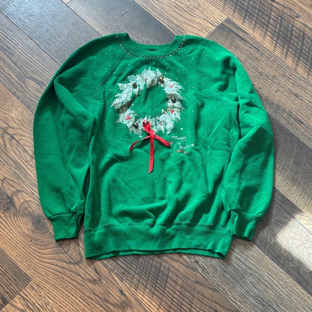 Vintage Green Puffy Paint Christmas Wreath Lee Sweater Women’s Size Large